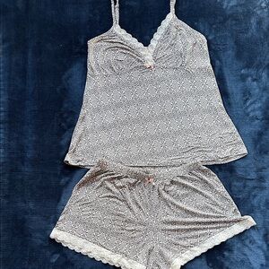 Chic Lace Trim Pajama Set - Black and White